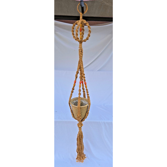 Vintage Macrame Orange Beaded Pot Plant Holder Hanger 65" for 10" to 18" Pots - Picture 1 of 11